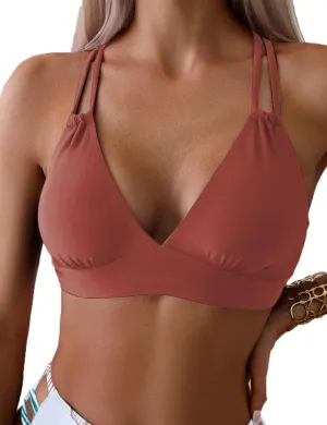 Tainehs Women's Push Up V Neck Bikini Tops Criss Cross Back Padded Bathing Suit Top Only