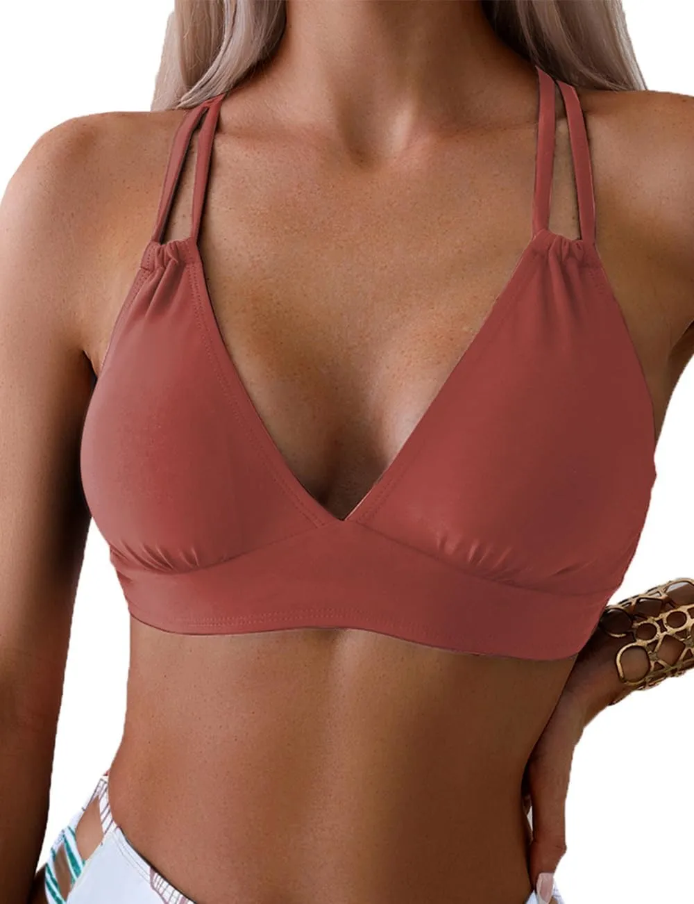 Tainehs Women's Push Up V Neck Bikini Tops Criss Cross Back Padded Bathing Suit Top Only