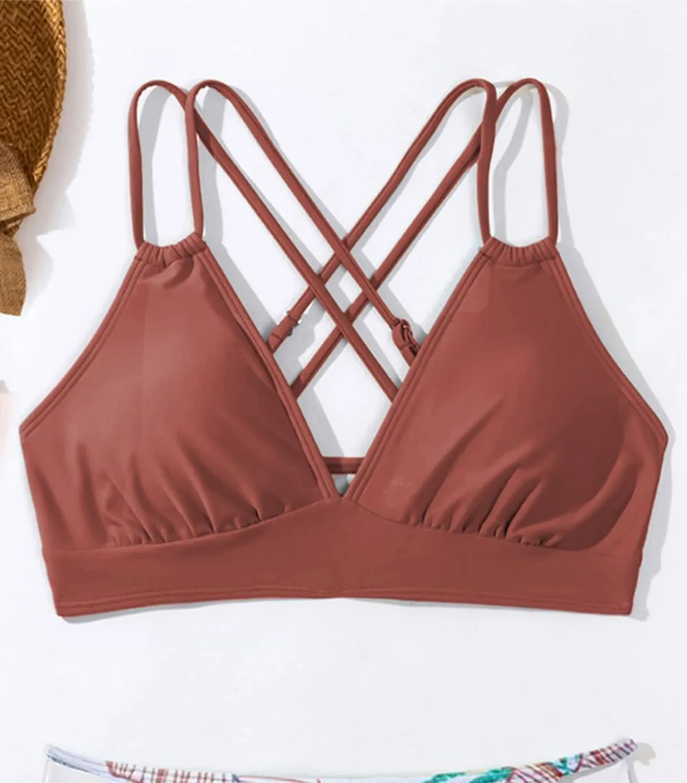 Tainehs Women's Push Up V Neck Bikini Tops Criss Cross Back Padded Bathing Suit Top Only