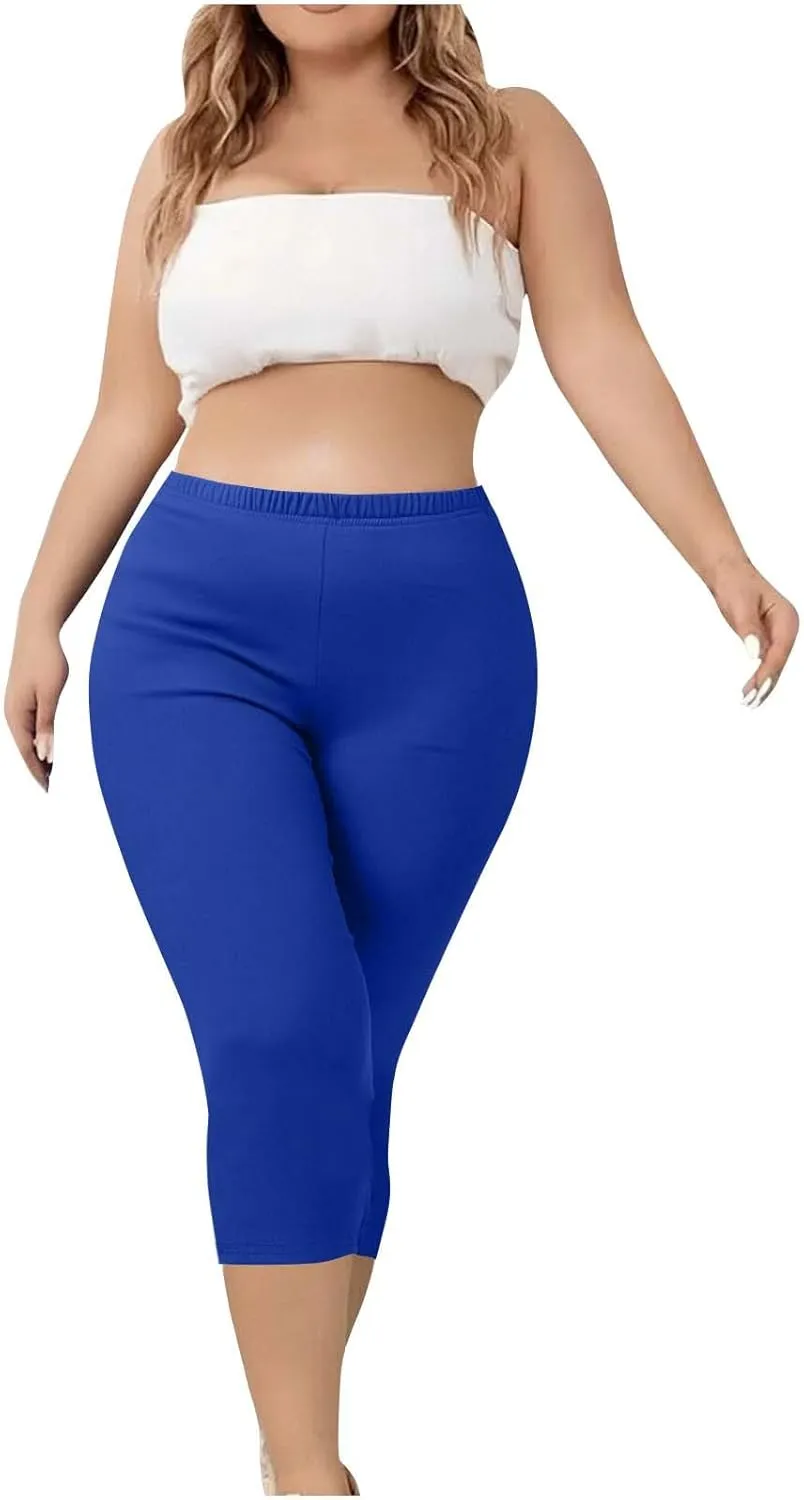 TANGNADE Women Capri Pants Plus Size Stretch Knee Length Leggings Elastic Waist Casual Summer Ladies Pull On Capris