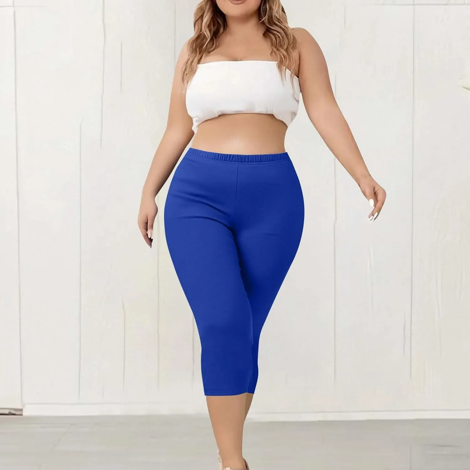 TANGNADE Women Capri Pants Plus Size Stretch Knee Length Leggings Elastic Waist Casual Summer Ladies Pull On Capris