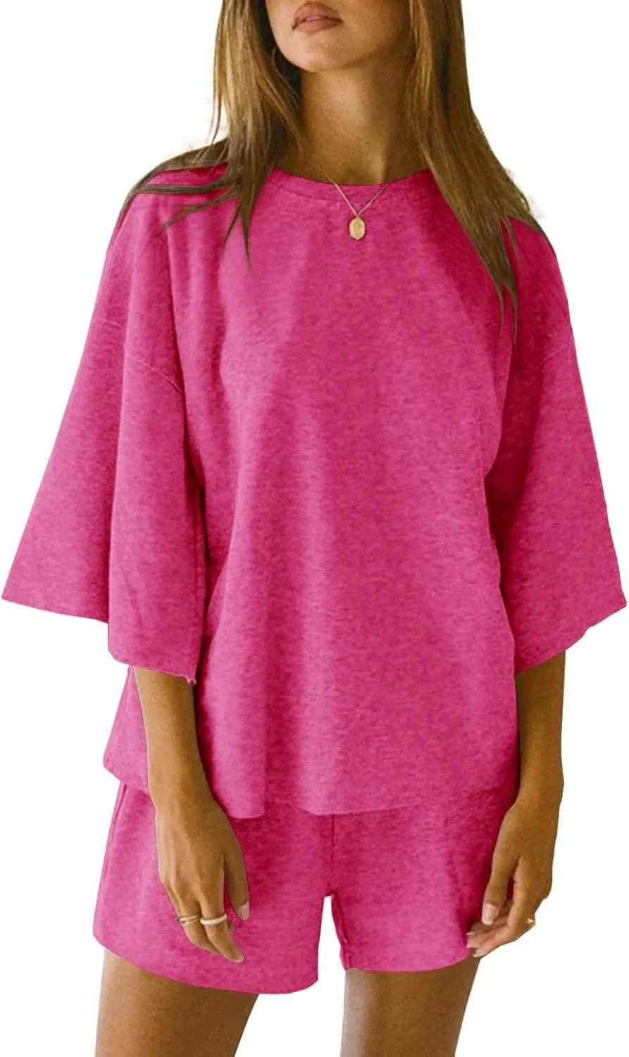 Tankaneo Womens Pajama Sets 3/4 Sleeve Oversized Tops and Elastic Waist Shorts Lounge Sets Loungewear