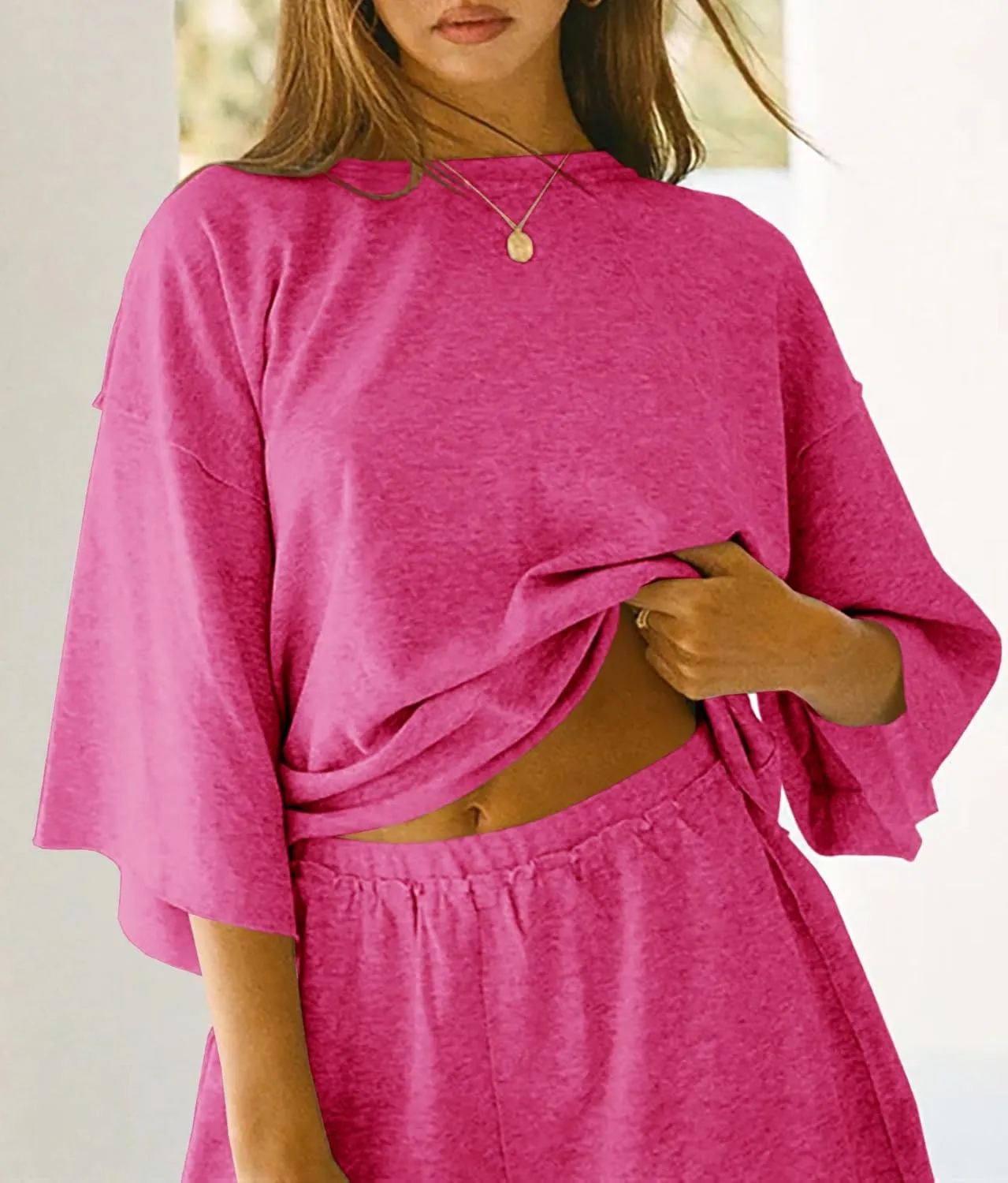 Tankaneo Womens Pajama Sets 3/4 Sleeve Oversized Tops and Elastic Waist Shorts Lounge Sets Loungewear