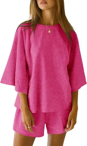 Tankaneo Womens Pajama Sets 3/4 Sleeve Oversized Tops and Elastic Waist Shorts Lounge Sets Loungewear