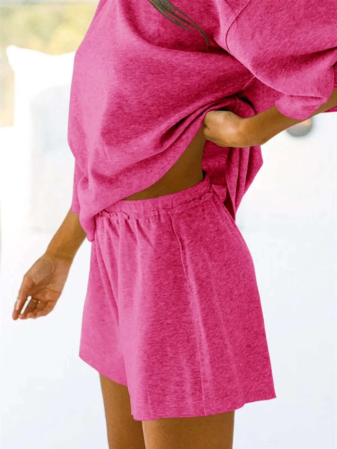 Tankaneo Womens Pajama Sets 3/4 Sleeve Oversized Tops and Elastic Waist Shorts Lounge Sets Loungewear