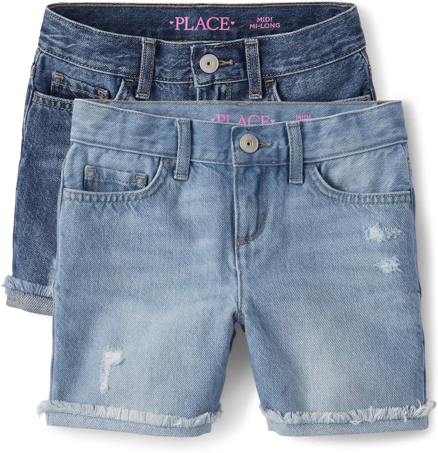The Children's Place Girls' Distressed 2 pack Denim Midi Shorts