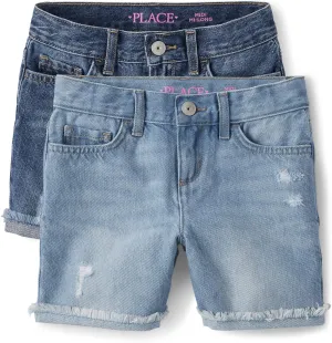 The Children's Place Girls' Distressed 2 pack Denim Midi Shorts