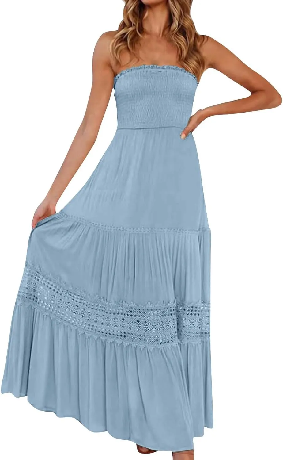Tube Top Dress for Women 2025 Summer Solid Strapless Maxi Dresses Sexy Off Shoulder Smocked Flowy Beach Sundresses