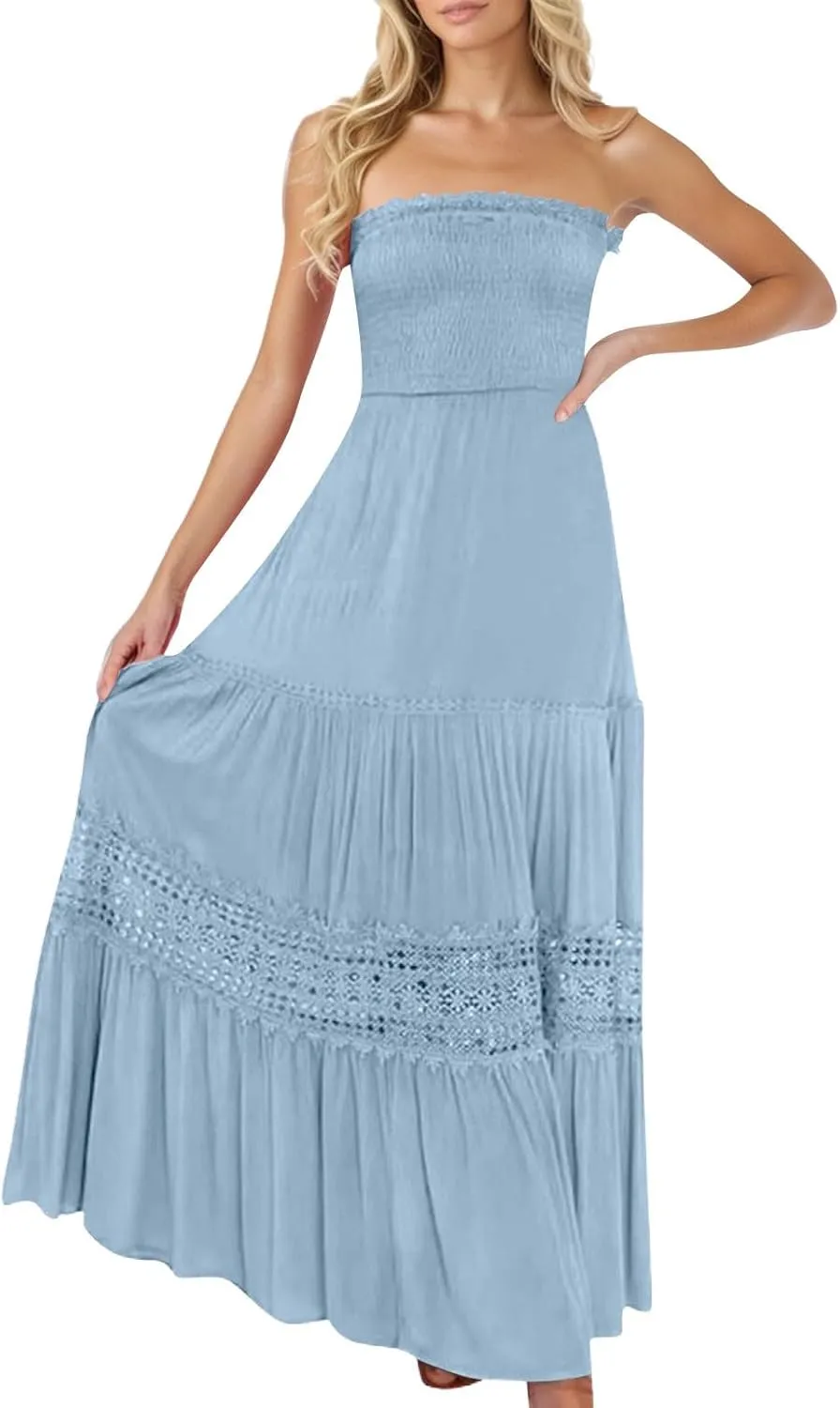 Tube Top Dress for Women 2025 Summer Solid Strapless Maxi Dresses Sexy Off Shoulder Smocked Flowy Beach Sundresses