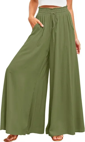 utcoco Palazzo Pants for Women Casual Loose High Waisted Wide Leg Pants with Drawstring