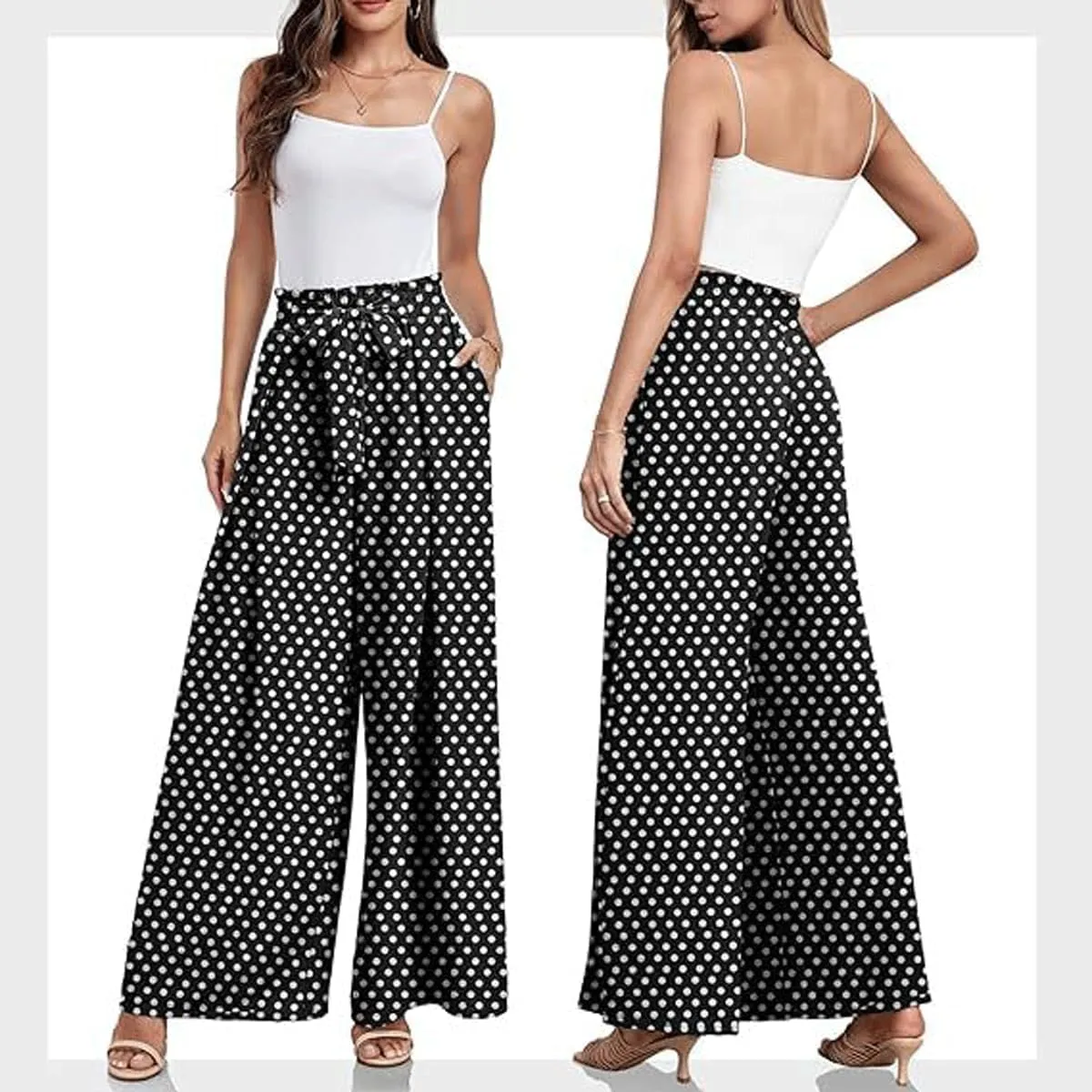 utcoco Printed Pants for Women Work Casual Loose Trousers High Waist Adjustable Knot Wide Leg Pants with Pockets