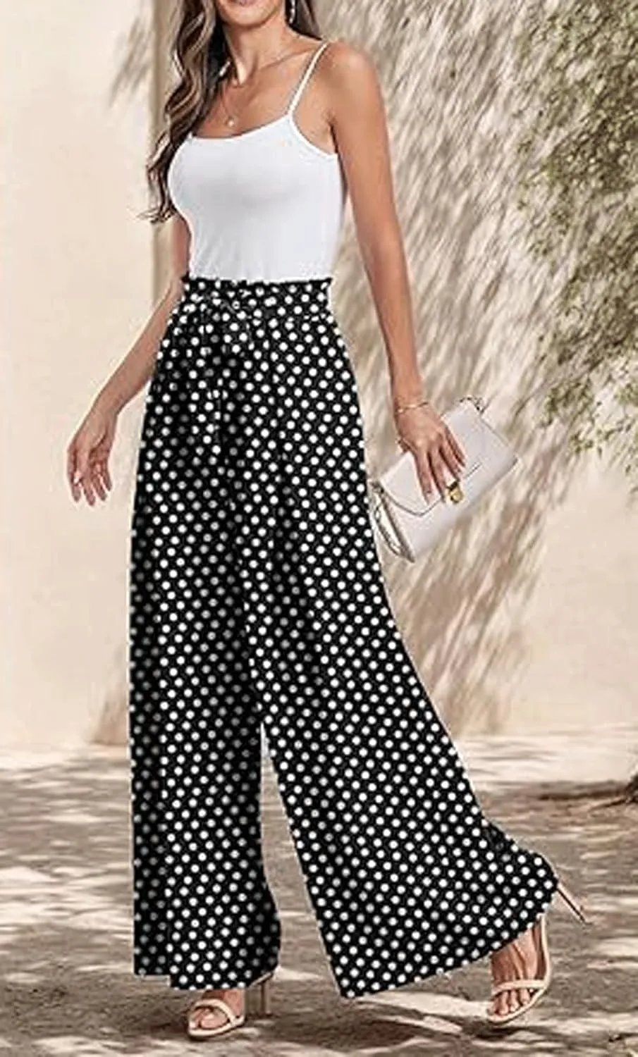 utcoco Printed Pants for Women Work Casual Loose Trousers High Waist Adjustable Knot Wide Leg Pants with Pockets