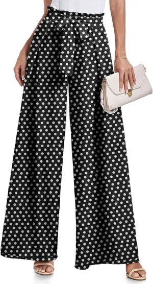 utcoco Printed Pants for Women Work Casual Loose Trousers High Waist Adjustable Knot Wide Leg Pants with Pockets