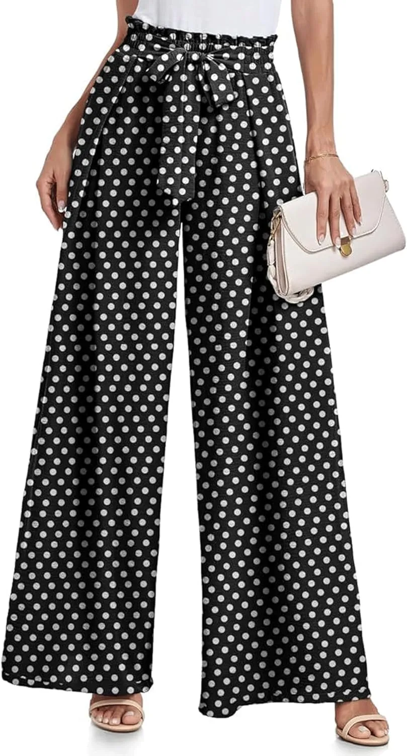 utcoco Printed Pants for Women Work Casual Loose Trousers High Waist Adjustable Knot Wide Leg Pants with Pockets