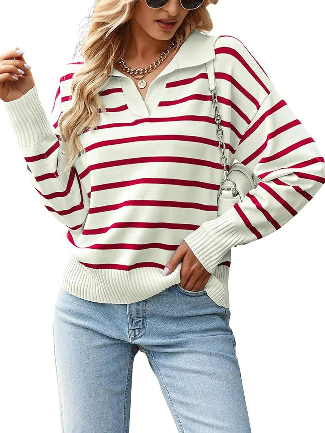 utcoco Women's 2024 Knit Striped Sweater Casual Loose Polo V Neck Long Sleeve Pullover Jumper Tops