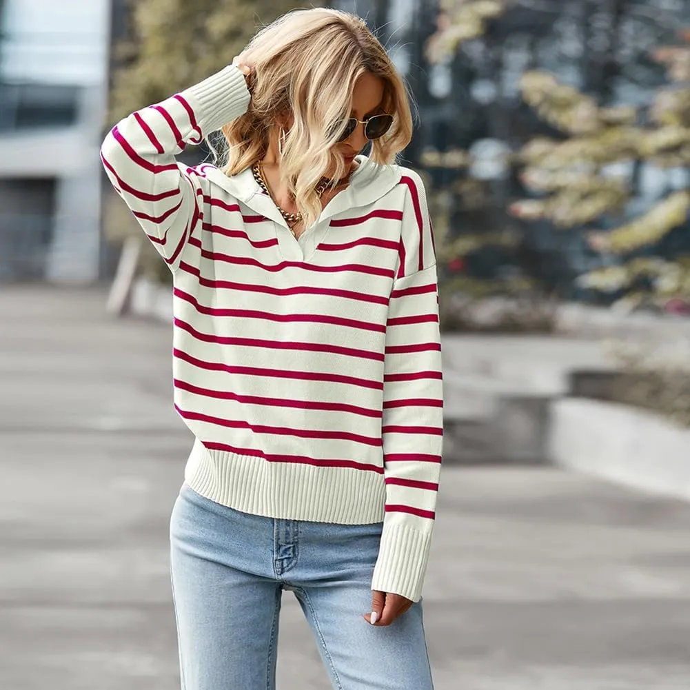 utcoco Women's 2024 Knit Striped Sweater Casual Loose Polo V Neck Long Sleeve Pullover Jumper Tops