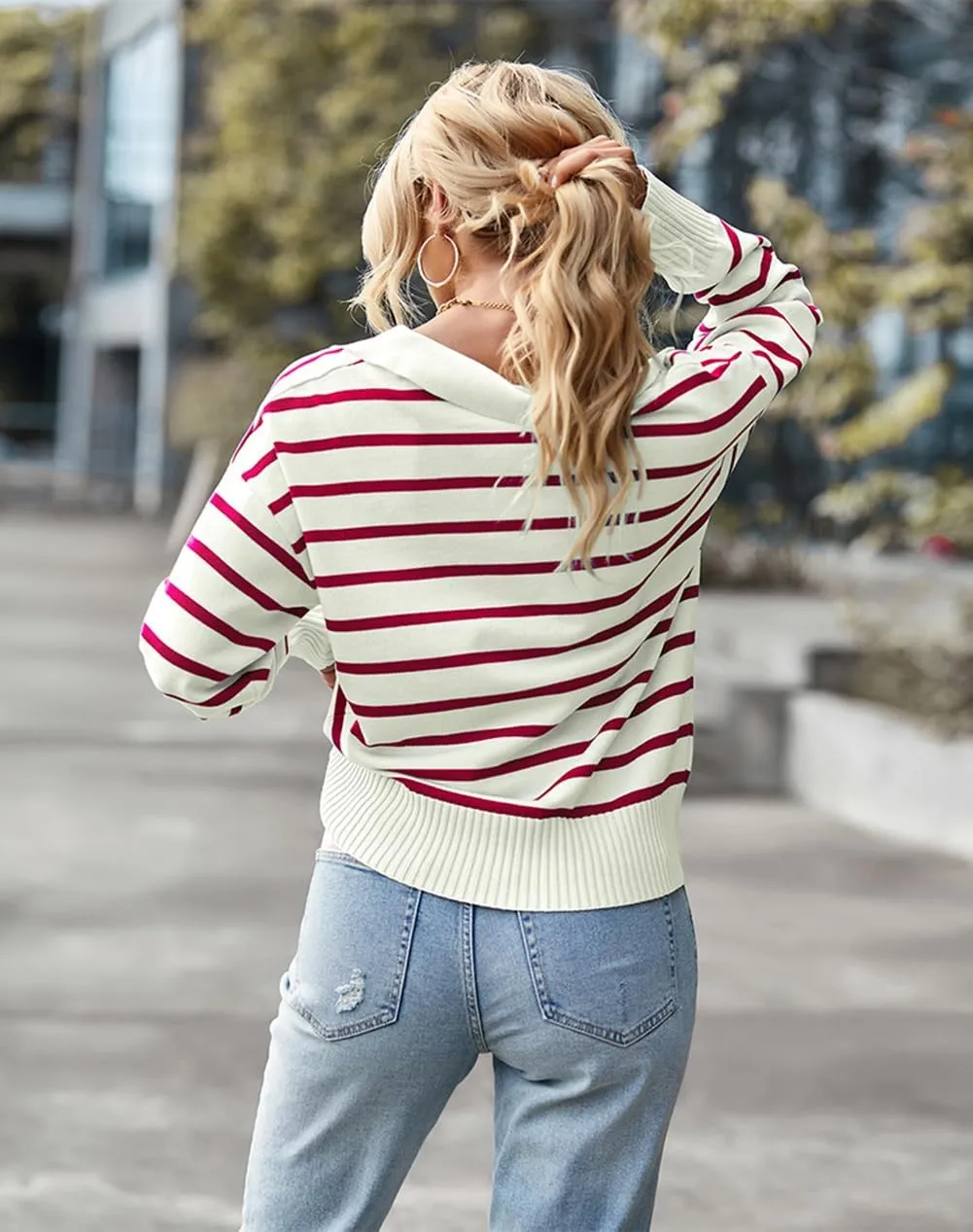 utcoco Women's 2024 Knit Striped Sweater Casual Loose Polo V Neck Long Sleeve Pullover Jumper Tops