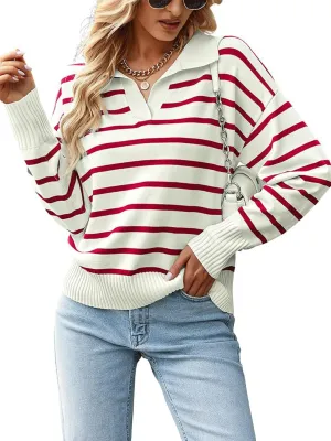 utcoco Women's 2024 Knit Striped Sweater Casual Loose Polo V Neck Long Sleeve Pullover Jumper Tops