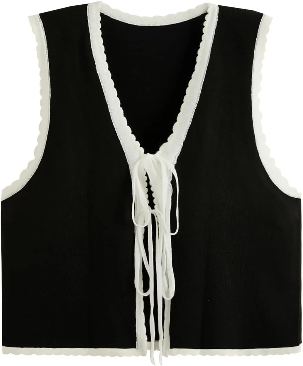 Verdusa Women's Old Money Bow Tie Crochet Sweater Vest Contrast Binding Knot Front V Neck Knit Top