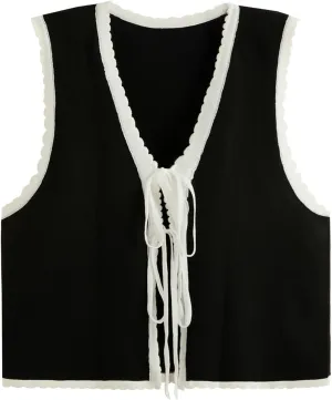 Verdusa Women's Old Money Bow Tie Crochet Sweater Vest Contrast Binding Knot Front V Neck Knit Top