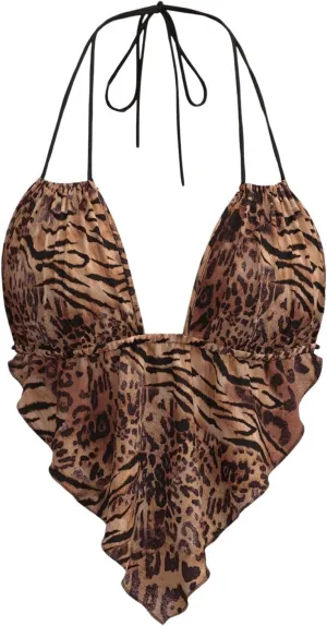 Verdusa Women's Sexy Leopard Print Deep V Halter Crop Tops Ruffle Going Out Top Party Clubwear