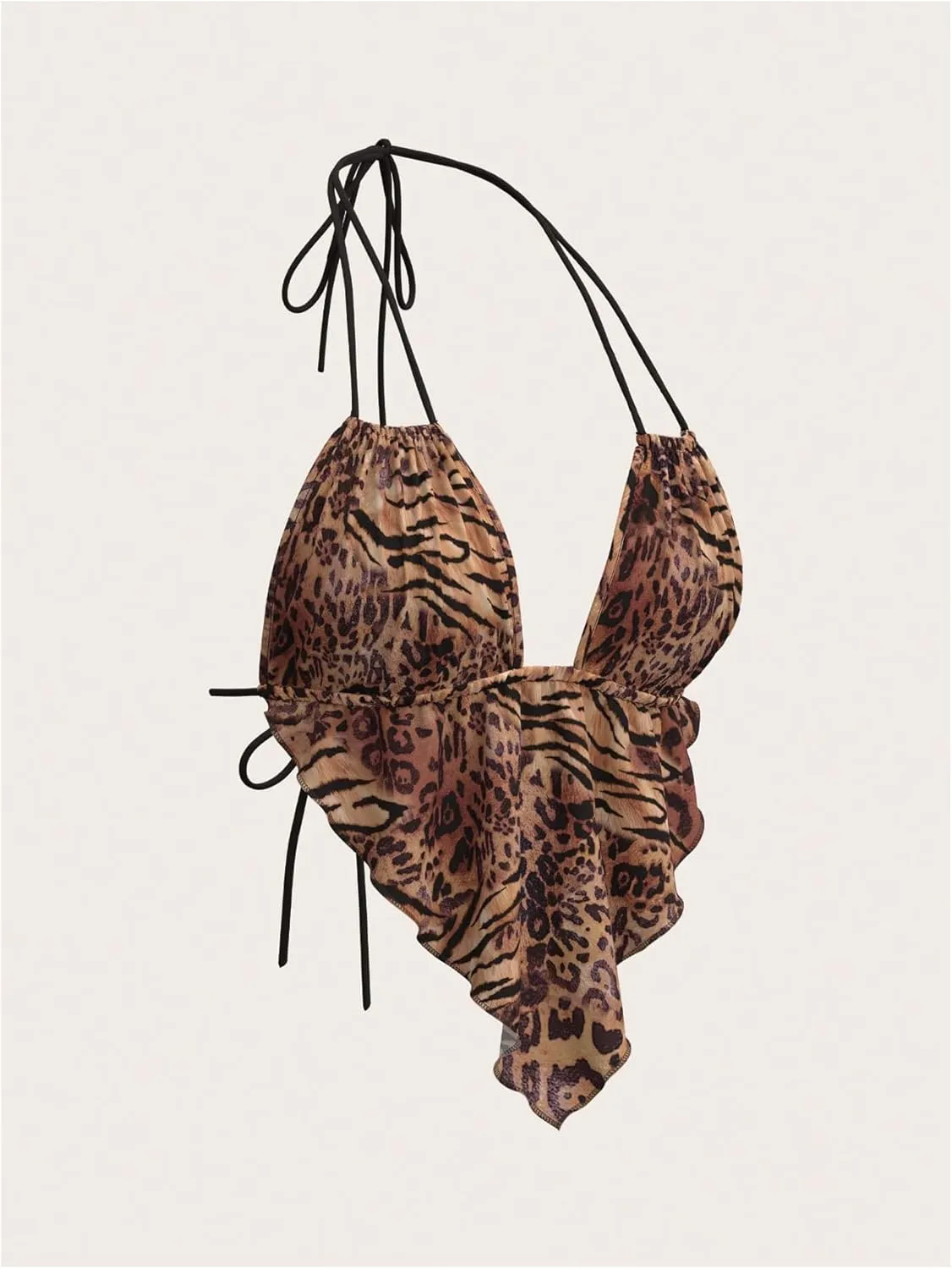 Verdusa Women's Sexy Leopard Print Deep V Halter Crop Tops Ruffle Going Out Top Party Clubwear