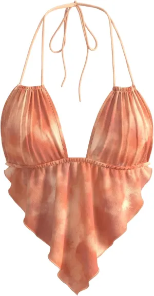 Verdusa Women's Sexy Leopard Print Deep V Halter Crop Tops Ruffle Going Out Top Party Clubwear