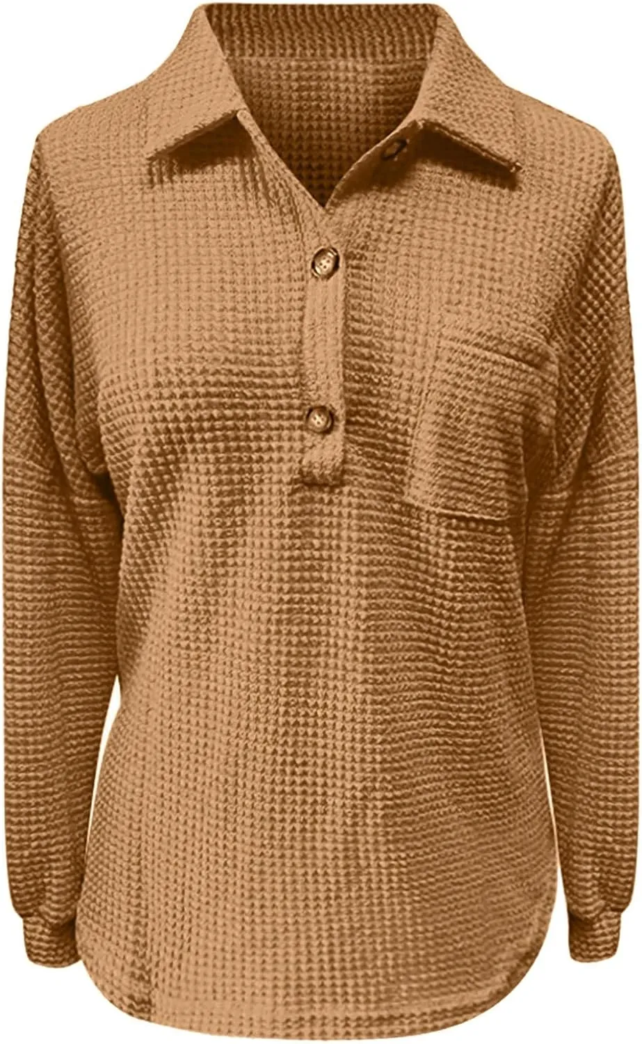 Waffle Knit Tops for Women Casual V Neck Long Sleeve Henley Shirt Solid Color Loose Fit Oversized Tshirts with Pocket