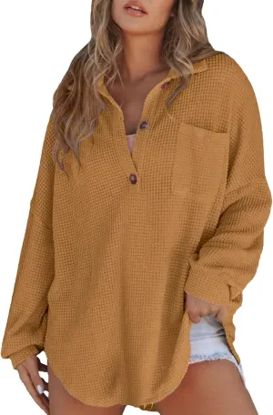 Waffle Knit Tops for Women Casual V Neck Long Sleeve Henley Shirt Solid Color Loose Fit Oversized Tshirts with Pocket