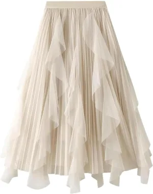 Waist Skirts Women's Ruffle Tulle Skirt Fairy Elastic High Waist Tutu Midi Skirt Elegant A-Line Swing Pleated Skirt Apricot