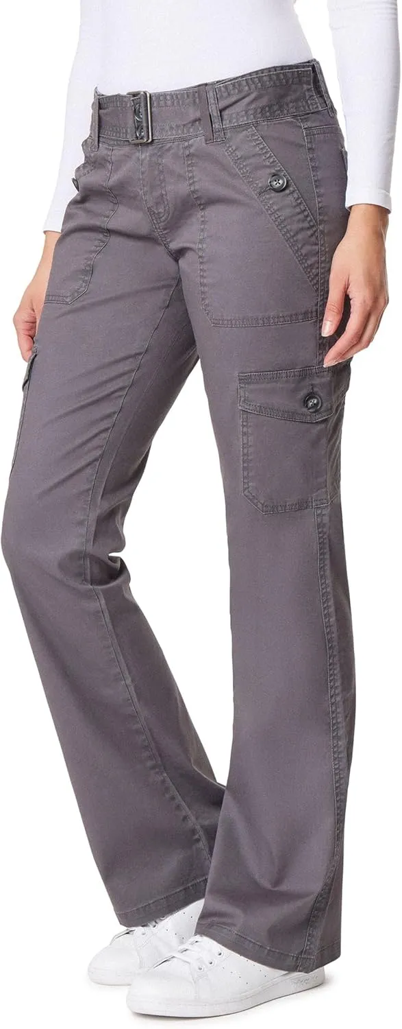 WallFlower Women's Feisty Curvy Cargo Flare Low Rise Belted Insta Stretch Juniors Pants (Standard and Plus)