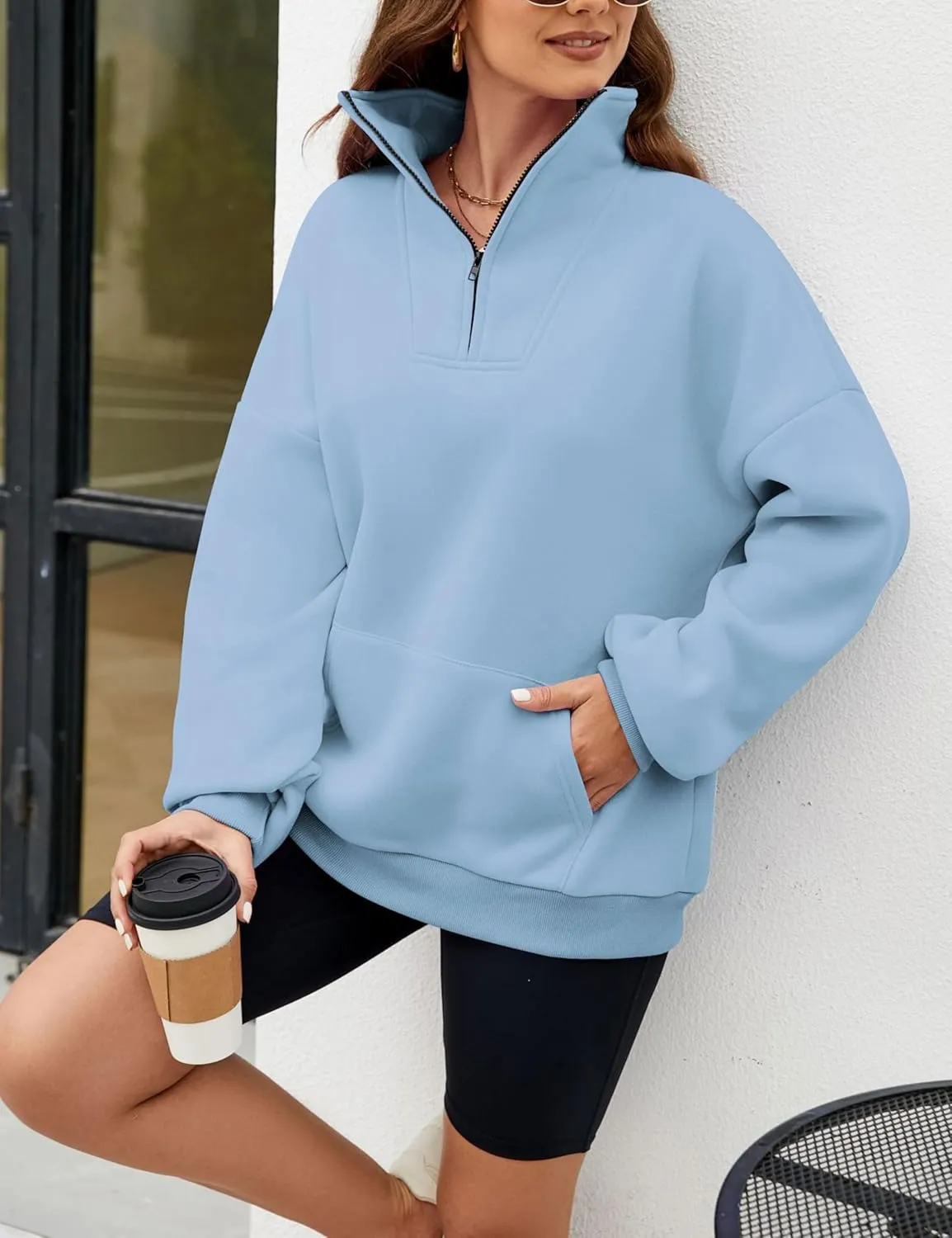 Wanzetaly Womens Oversized Half Zipper Stand Collar Hooded Sweatshirts Crop Hoodie Fleece Pullover Tops with Pocket