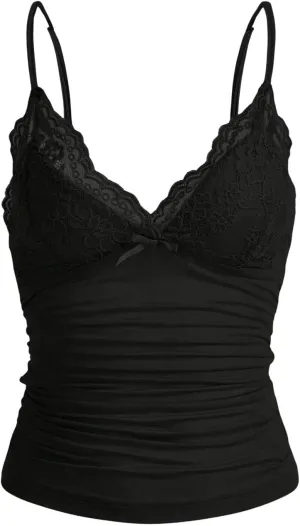 WDIRARA Women's Sexy Y2K V Neck Lace Patchwork Cami Top Sleeveless Spaghetti Strap Bow Camisole Tops
