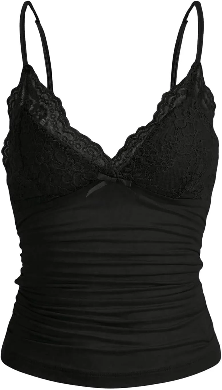 WDIRARA Women's Sexy Y2K V Neck Lace Patchwork Cami Top Sleeveless Spaghetti Strap Bow Camisole Tops