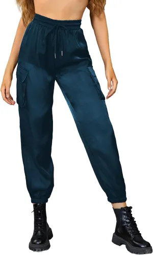 WDIRARA Women's Sheer Mesh High Waisted Straight Leg Cargo Pants with Pockets
