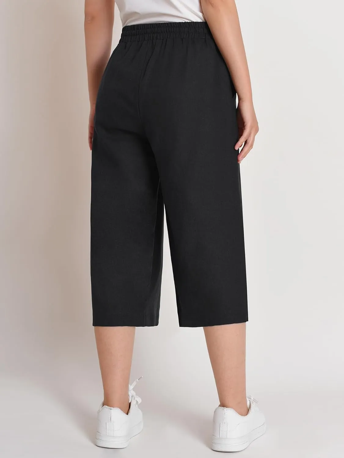 Weintee Women's Petite Linen Capris Wide Leg Cropped Pants with Pockets