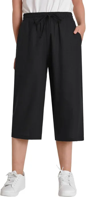 Weintee Women's Petite Linen Capris Wide Leg Cropped Pants with Pockets