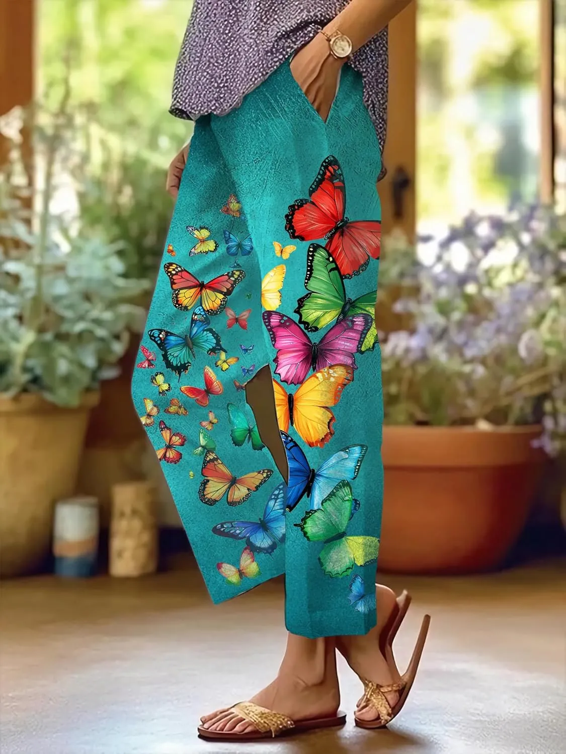 Wide Leg Linen Pants for Women Plus Size Summer Boho Floral Pants Drawstring Elastic Waist Palazzo Pants