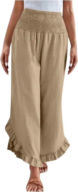 Wide Leg Pants for Women 2025 Summer Lounge Palazzo Pants High Waisted Ruffle Hem Boho Beach Flowy Trousers Pockets