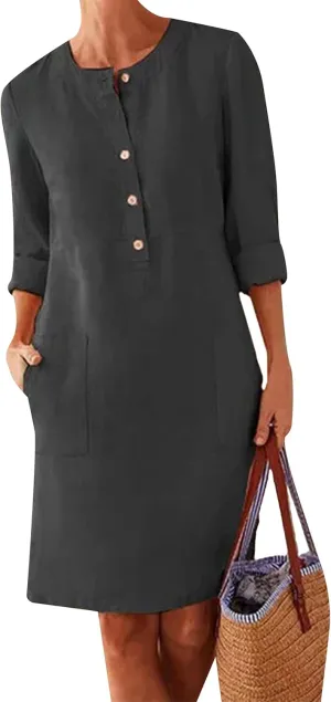 WIWIQS Women's Cotton Linen Button Down Dress Long Sleeve Crew Neck Solid Color Dress with Pockets