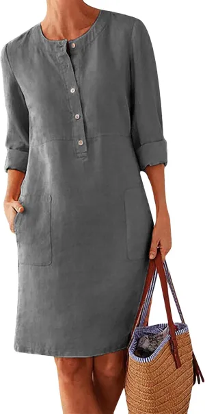 WIWIQS Women's Cotton Linen Button Down Dress Long Sleeve Crew Neck Solid Color Dress with Pockets