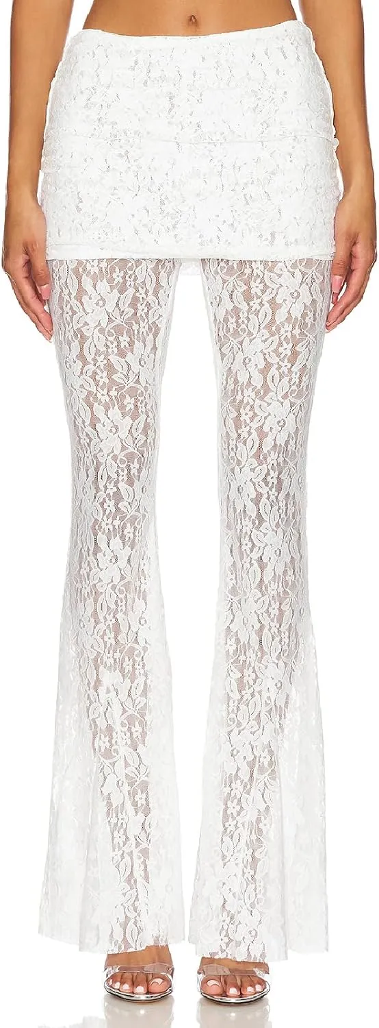 Woman Sexy See Through Lace Pants High Waist Flare Leg Trouser Solid Flower Lace Bell Bottoms Pants Streetwear