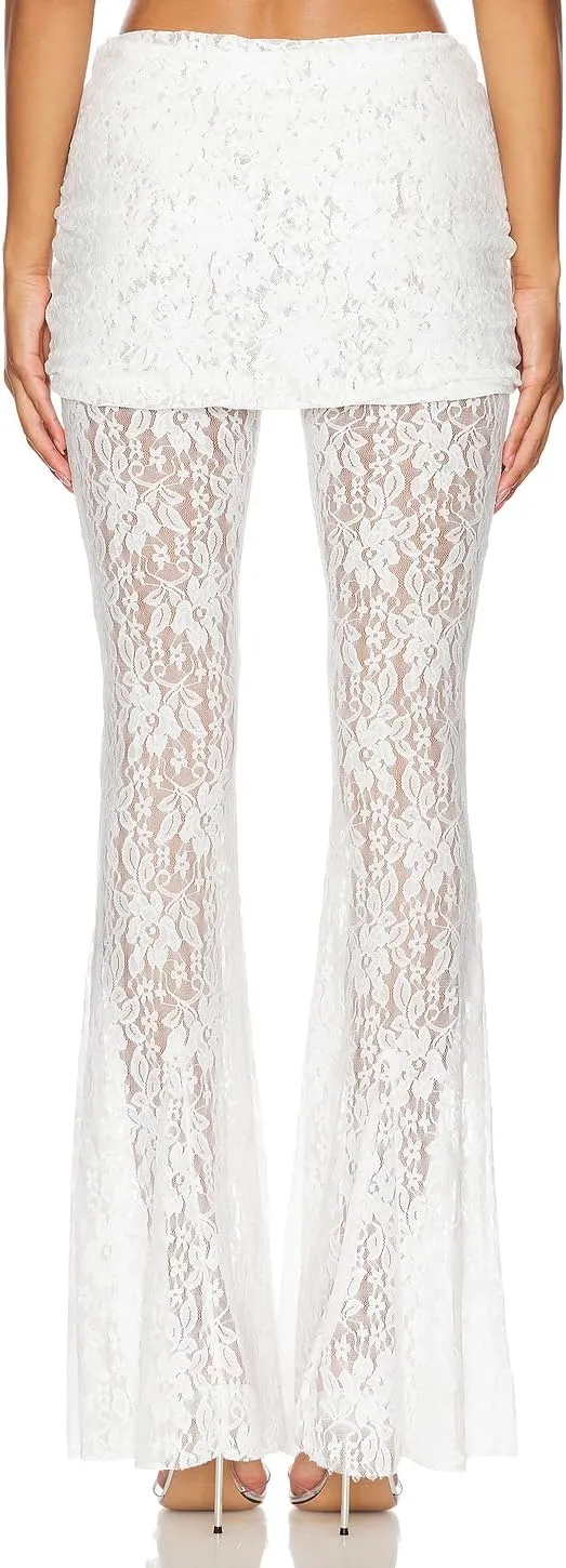 Woman Sexy See Through Lace Pants High Waist Flare Leg Trouser Solid Flower Lace Bell Bottoms Pants Streetwear