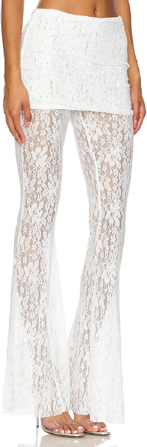 Woman Sexy See Through Lace Pants High Waist Flare Leg Trouser Solid Flower Lace Bell Bottoms Pants Streetwear