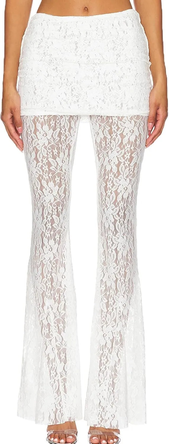 Woman Sexy See Through Lace Pants High Waist Flare Leg Trouser Solid Flower Lace Bell Bottoms Pants Streetwear