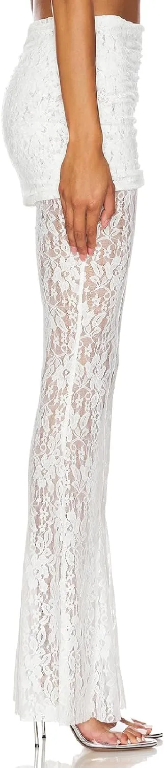 Woman Sexy See Through Lace Pants High Waist Flare Leg Trouser Solid Flower Lace Bell Bottoms Pants Streetwear