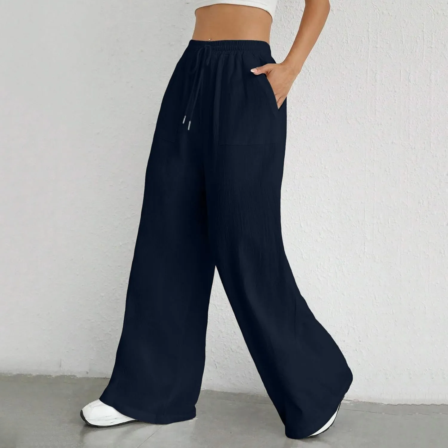 Women Cotton Linen Summer Flowy Pant Trousers High Waist Ankle Length Plus Size Trouser Business Work