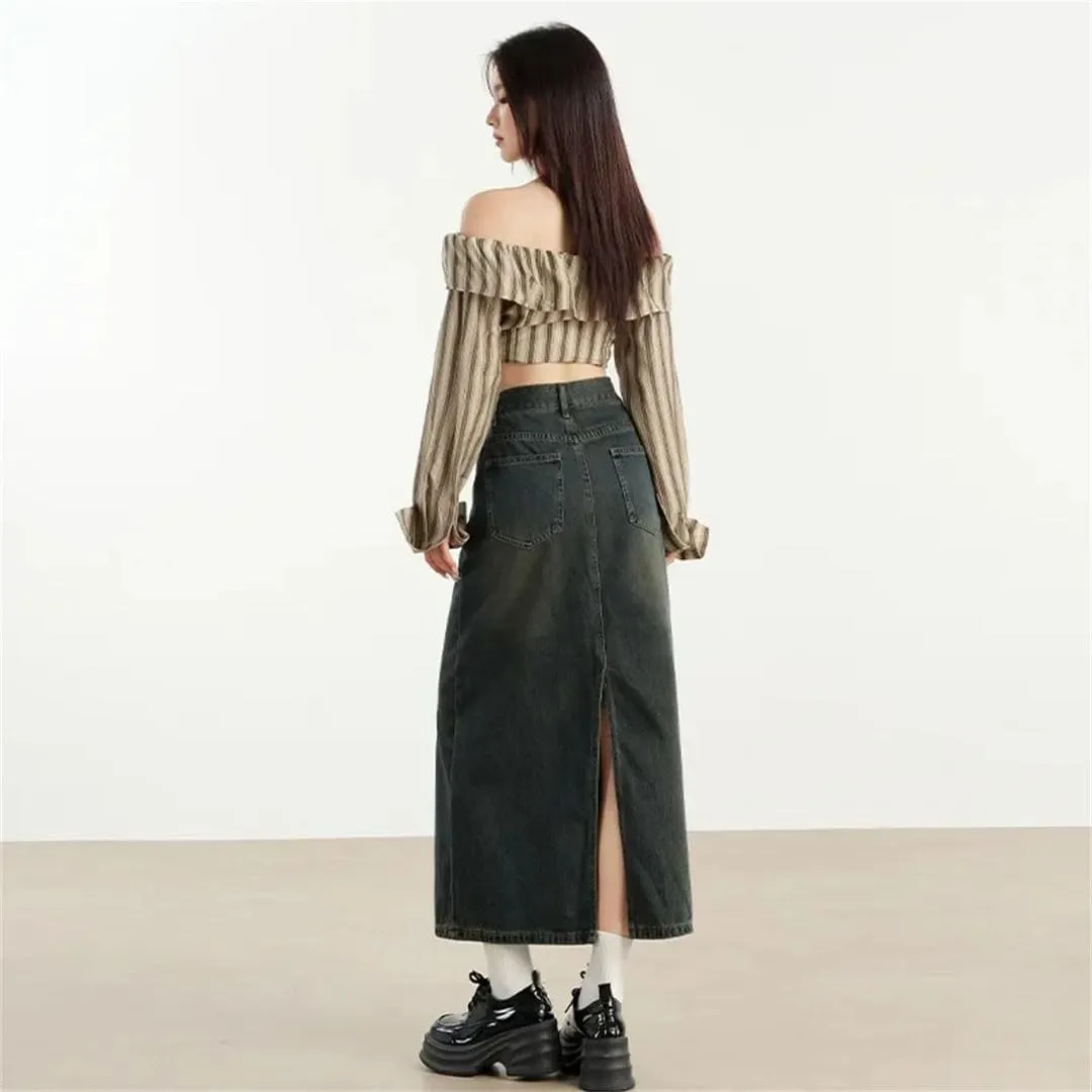 Women Denim Skirt High-Waisted Bodycon Style A- Line Straight-Leg Medium-Length Half Skirt