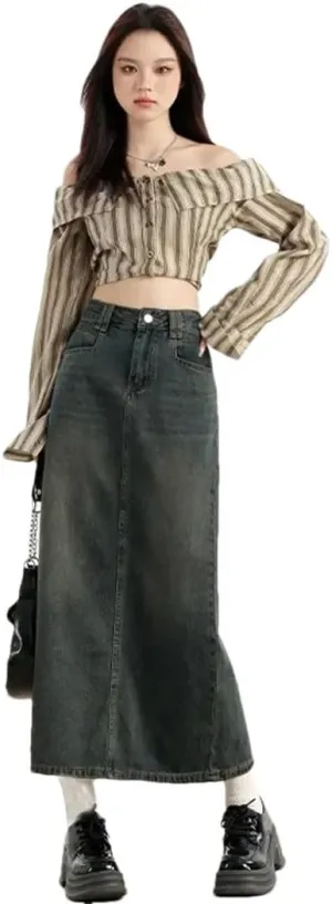 Women Denim Skirt High-Waisted Bodycon Style A- Line Straight-Leg Medium-Length Half Skirt