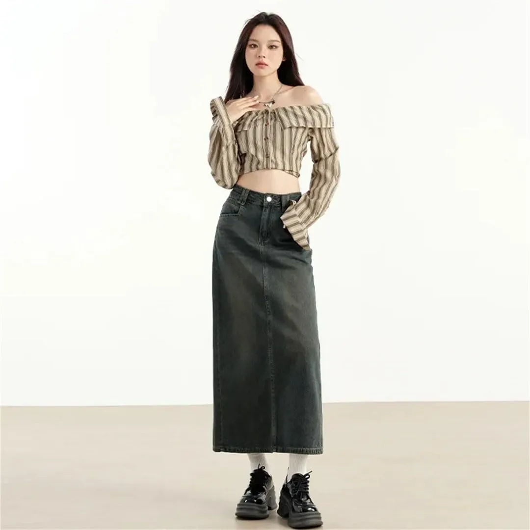 Women Denim Skirt High-Waisted Bodycon Style A- Line Straight-Leg Medium-Length Half Skirt